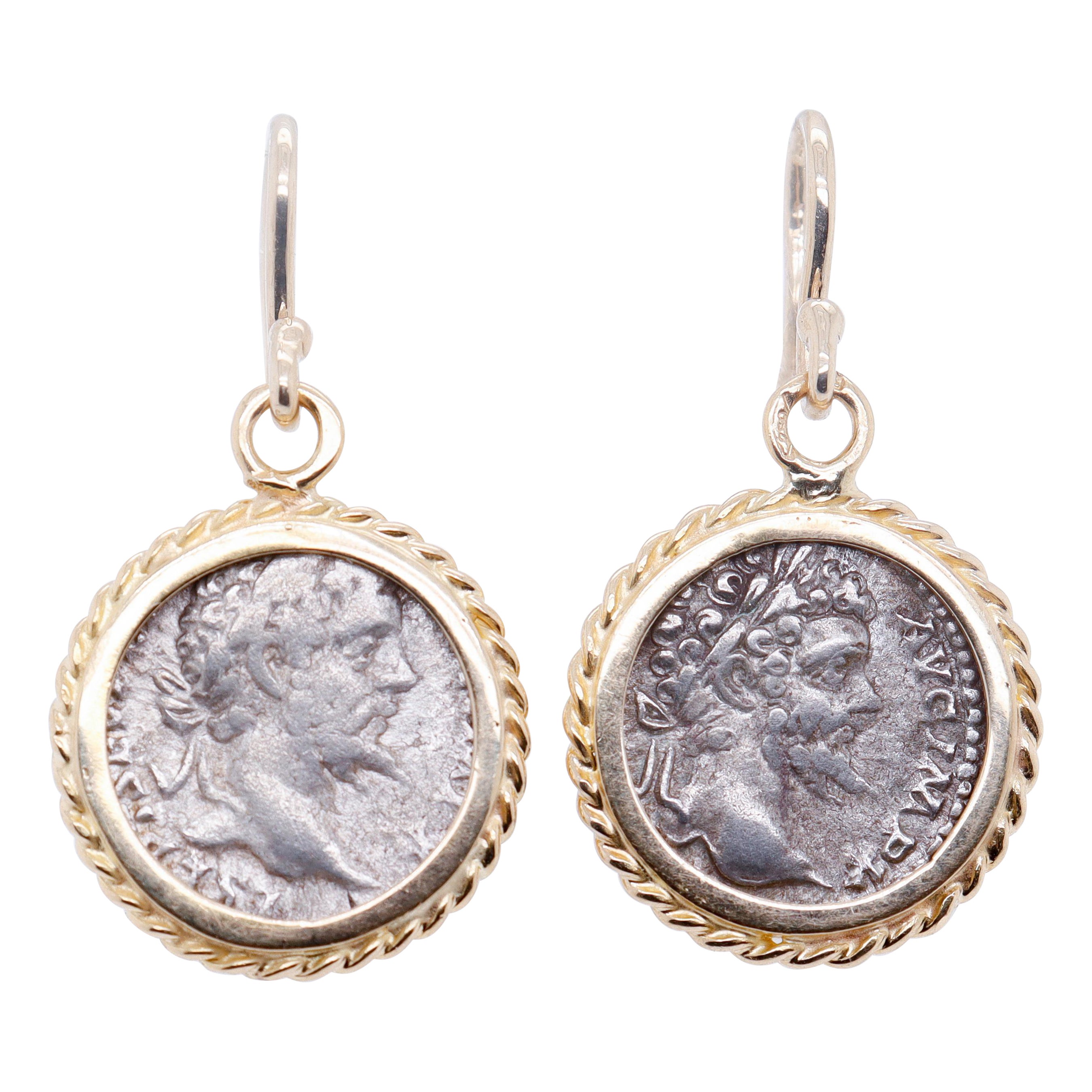Paire de boucles d'oreilles Marcus Aurelius Denarius en or 18 carats et pièce de monnaie romaine ancienne