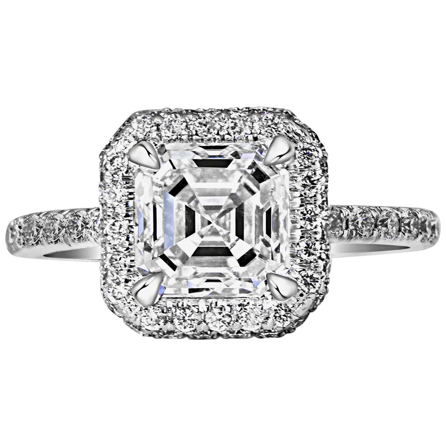 2.52 Carat Asscher Cut EGL Cert Diamond Gold Halo Engagement Ring  For Sale