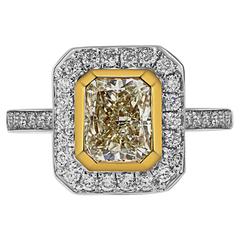 1.65 Carat Fancy Yellow Radiant Cut EGL Pave Diamond Halo Engagement Ring 