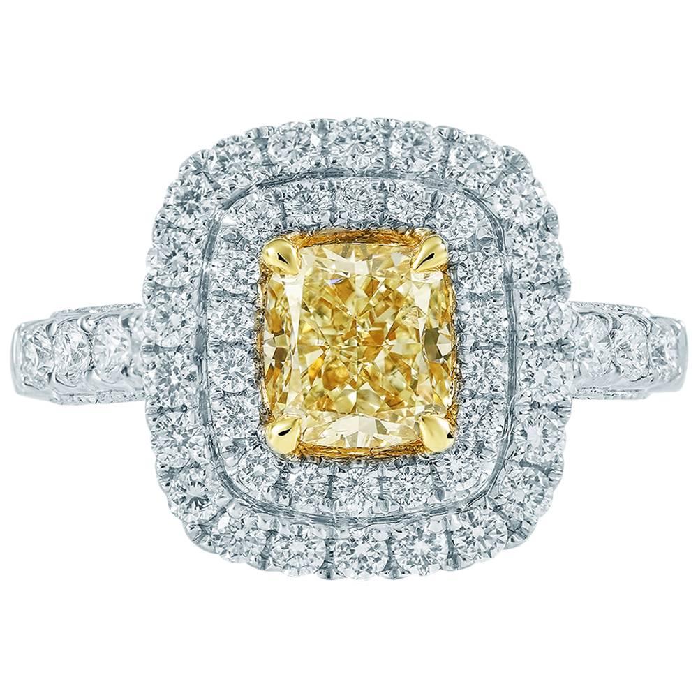 1.31 Carat Fancy Intense Yellow Cushion Cut EGL Diamond 2-Halo Engagement Ring For Sale