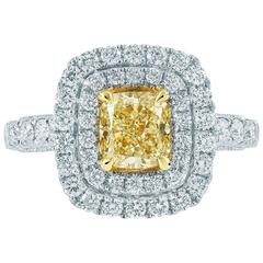 1.31 Carat Fancy Intense Yellow Cushion Cut EGL Diamond 2-Halo Engagement Ring