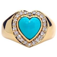 Signet en or jaune 18 carats avec turquoise et diamant en forme de cœur