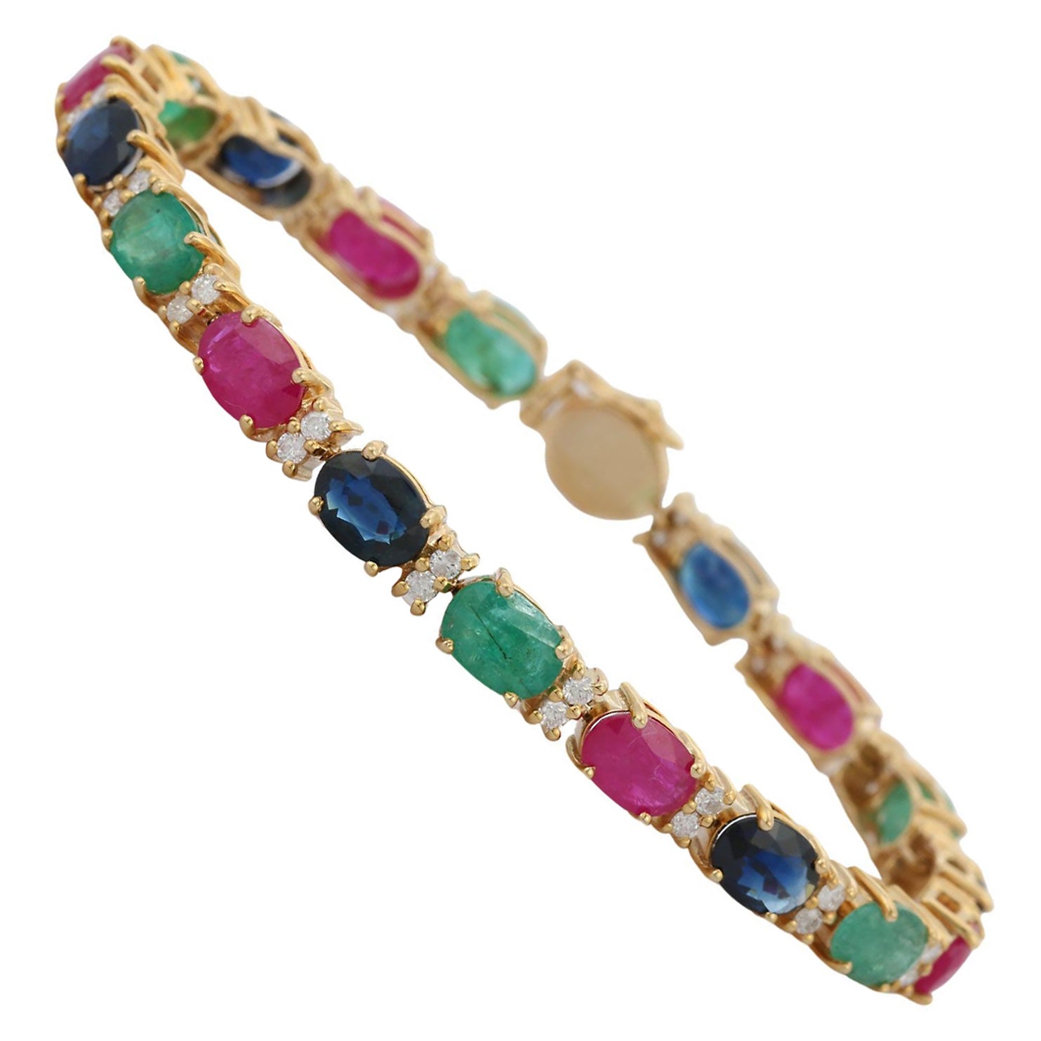 15.01 ct Emerald, Ruby and Blue Sapphire Tennis Bracelet in 14K Yellow Gold For Sale