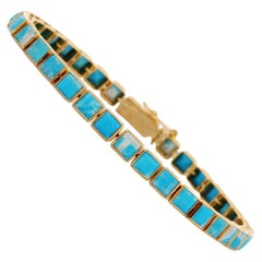 18K Yellow Gold Natural Square Cut 10.15 ct Turquoise Tennis Bracelet