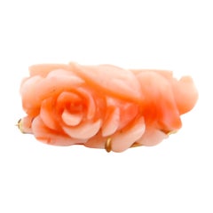 Vintage Pink Coral Rose Flower Carved Gold Brooch