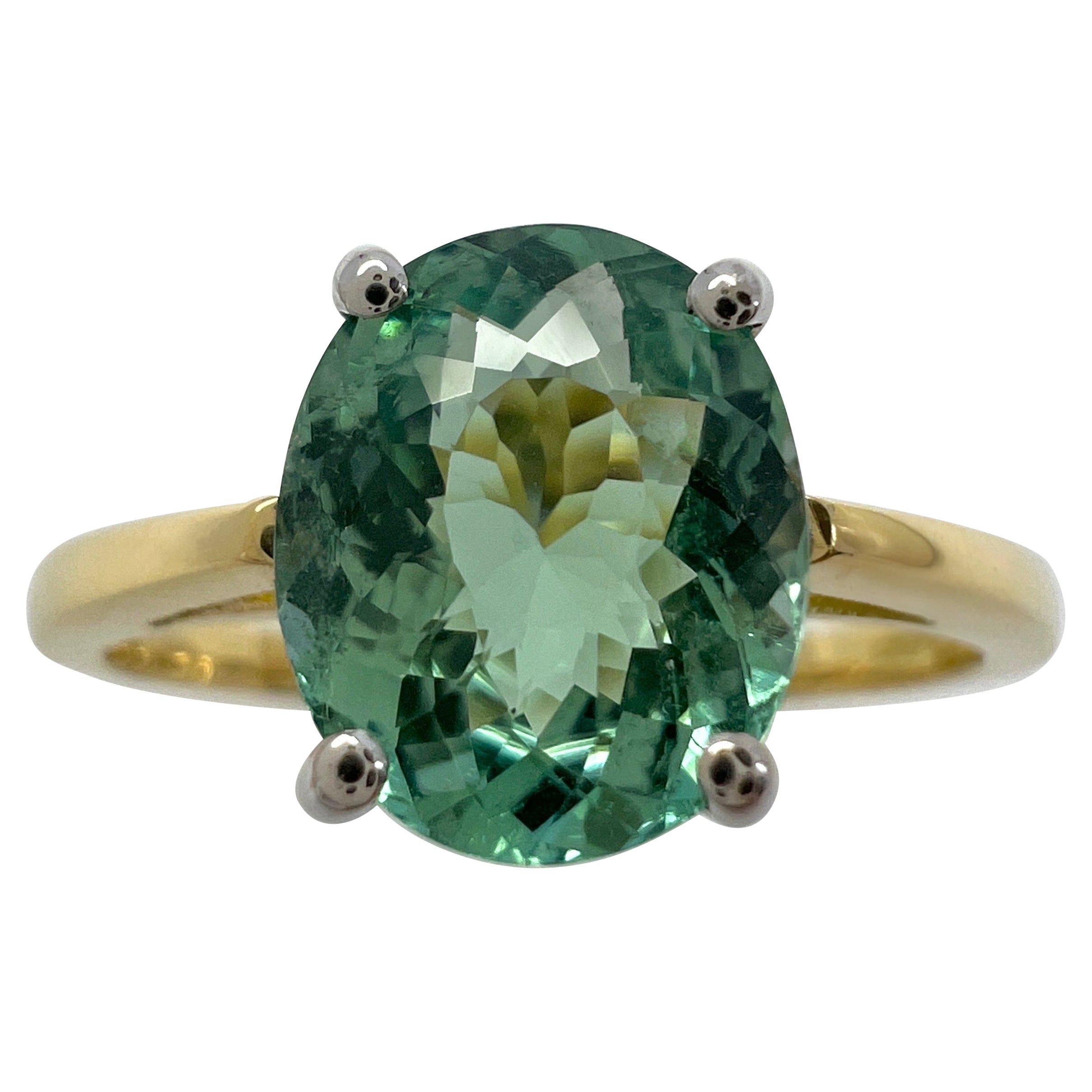 1.75ct Vivid Blue Green Tourmaline Oval Cut 18k Yellow White Gold Solitaire Ring For Sale