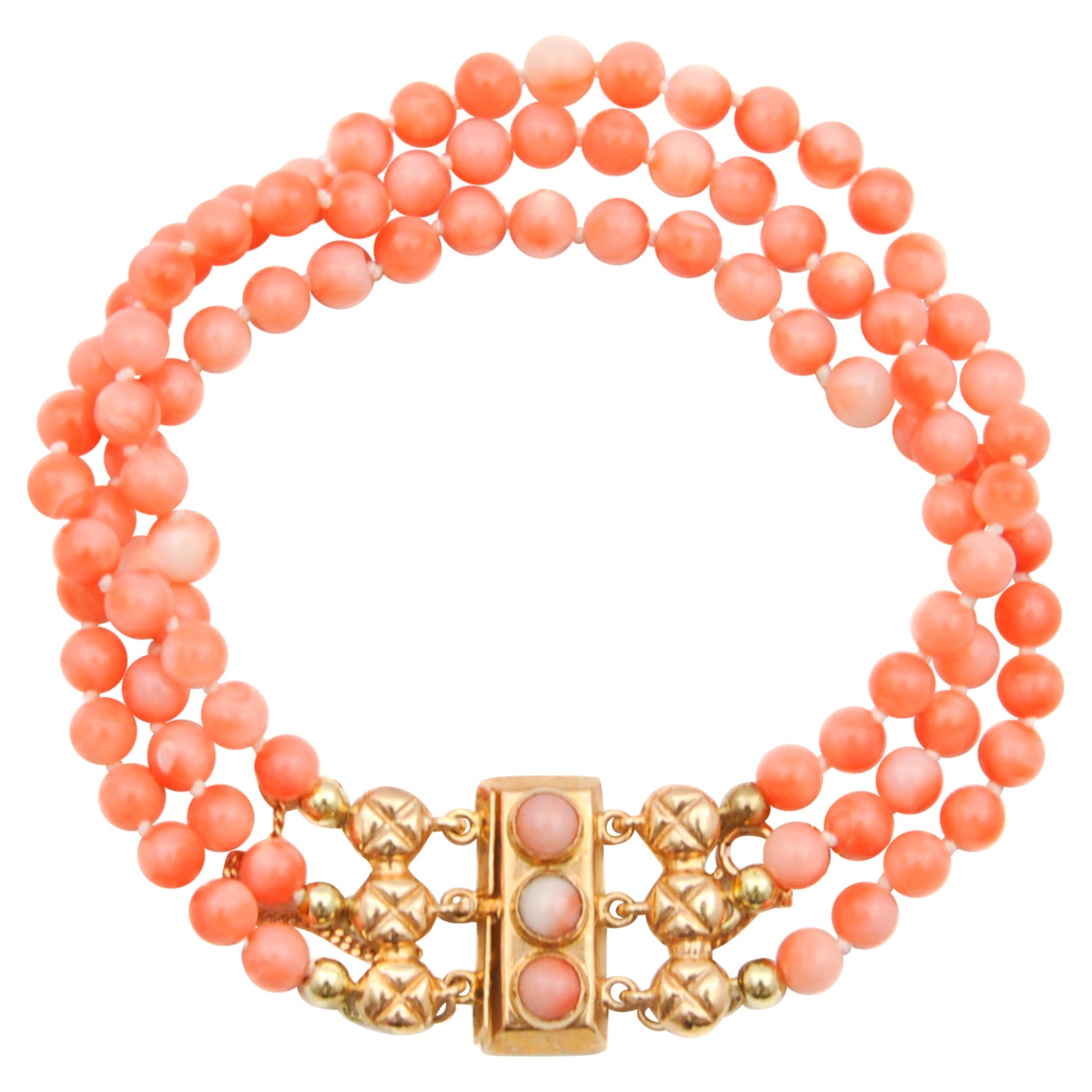 Art Deco Pink Coral Multi-Strand Gold Beaded Bracelet For Sale