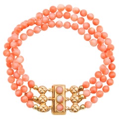 Vintage Art Deco Pink Coral Multi-Strand Gold Beaded Bracelet