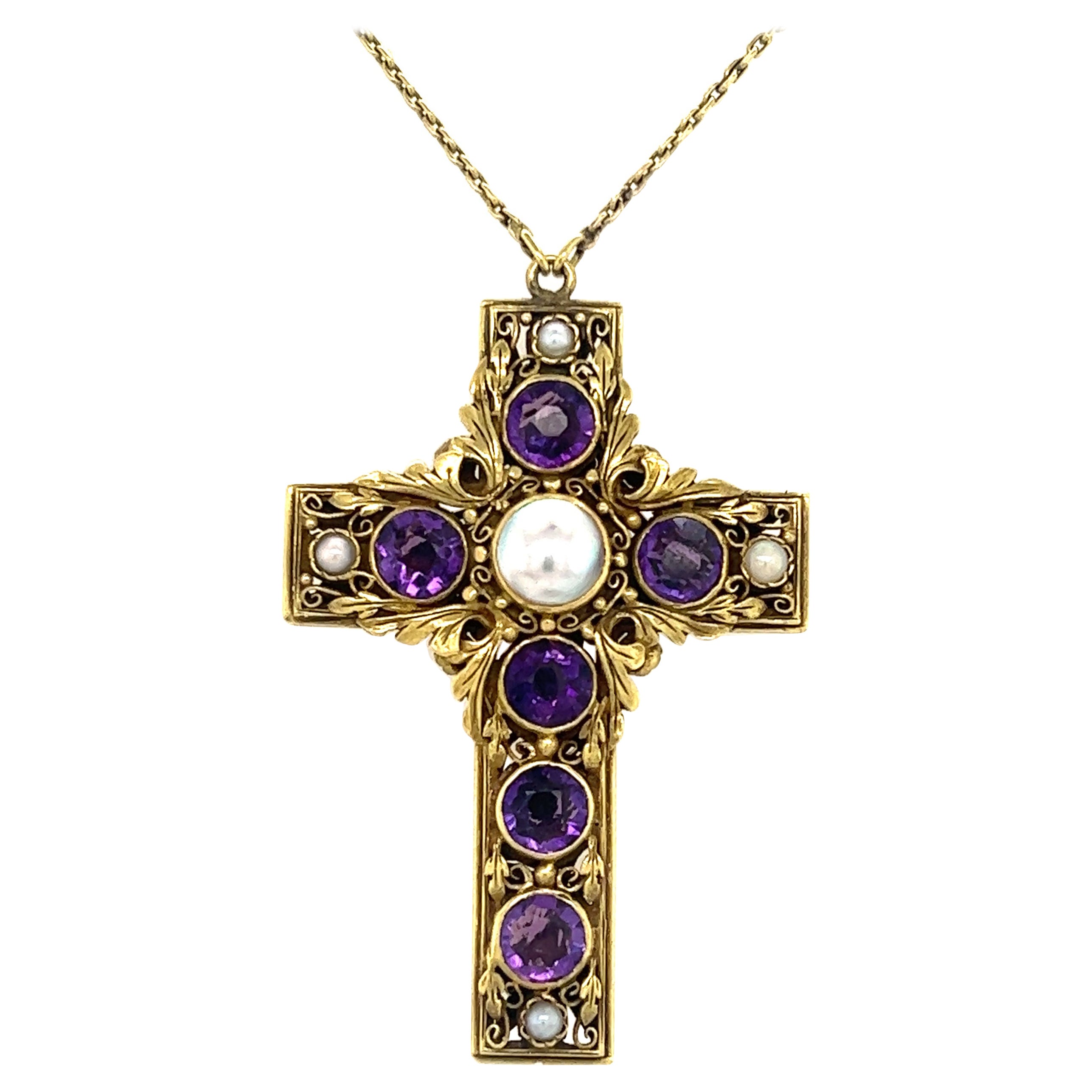 Victorian Amethyst & Natural Pearl Floral Cross Pendant & Chain Double Sided For Sale