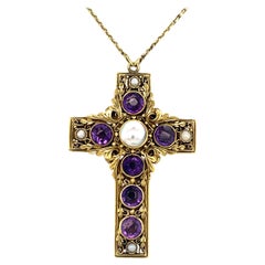 Victorian Amethyst & Natural Pearl Floral Cross Pendant & Chain Double Sided