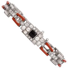  Art Deco Coral Onyx  Diamond Platinum Bracelet