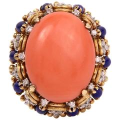 1960s Retro Coral Lapis Lazuli Diamond Gold Dome Ring