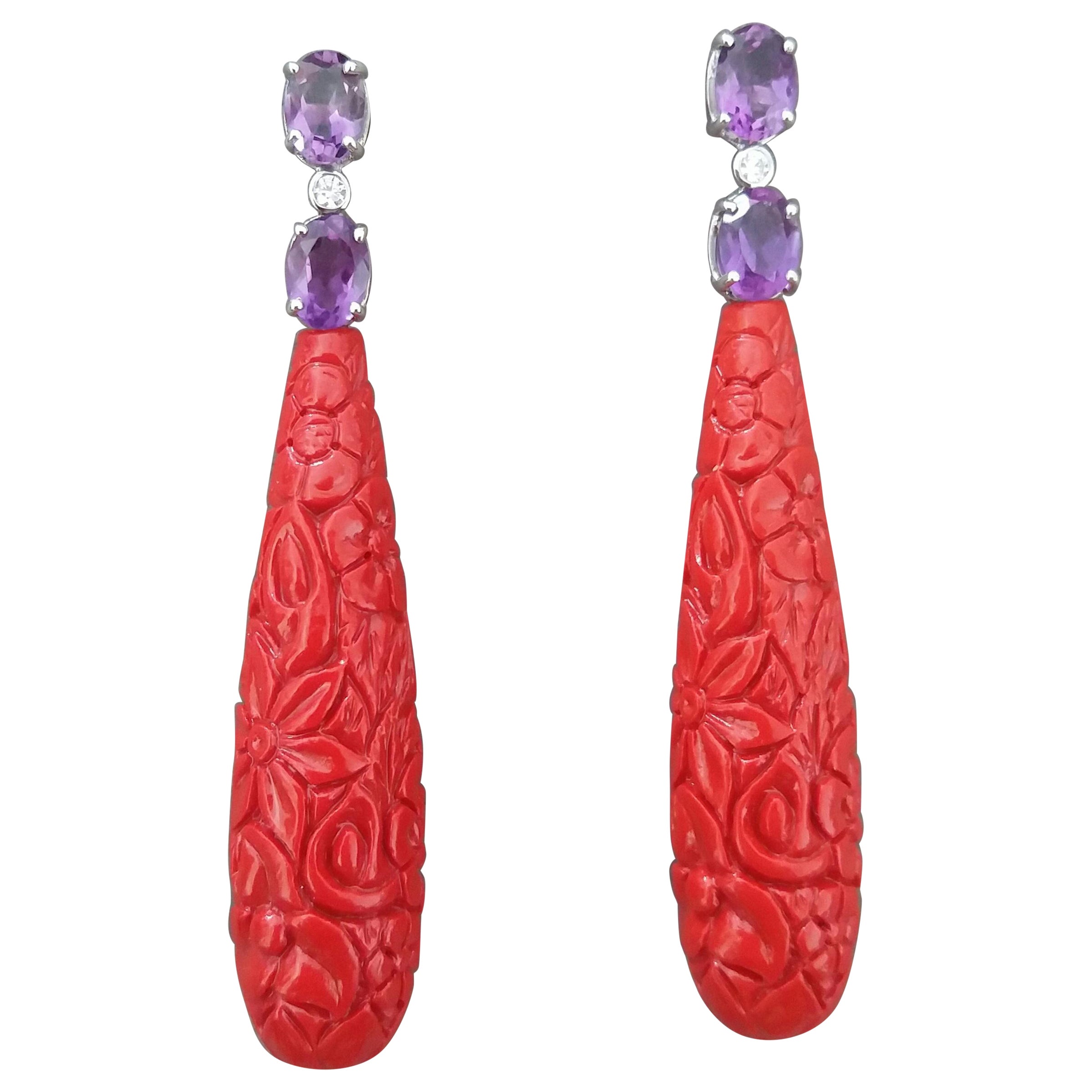 Faceted Amethyst White Gold Diamonds Carved Chinese Red Lacquer Drop Earrings For Sale