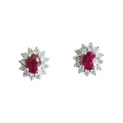 18k White Gold Pigeon's Blood Red Ruby & Diamond Cocktail Stud Earring