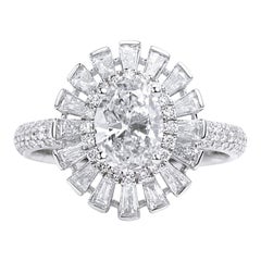 Bague de fiançailles halo avec diamant taille baguette ovale de 1,5 carat certifié par le GIA