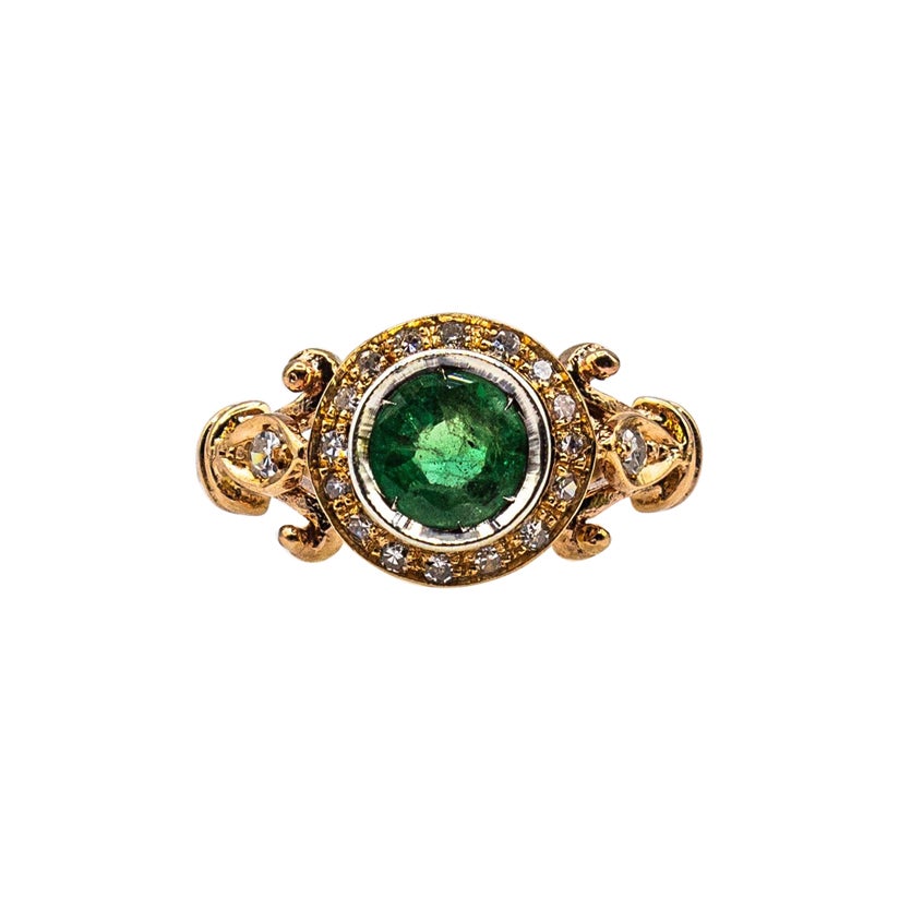 Art Deco Style 0.77 Carat White Brilliant Cut Diamond Emerald Yellow Gold Ring For Sale