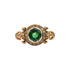 Retro Art Deco Style 0.77 Carat White Brilliant Cut Diamond Emerald Yellow Gold Ring