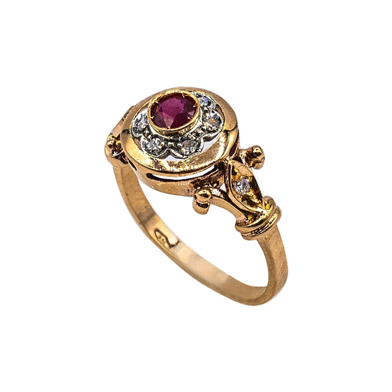 Art Deco Style 0.40 Carat White Modern Round Cut Diamond Ruby Yellow Gold Ring For Sale