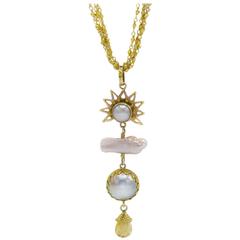 Retro Sunset Pink and Peach Pearl Gold Pendant