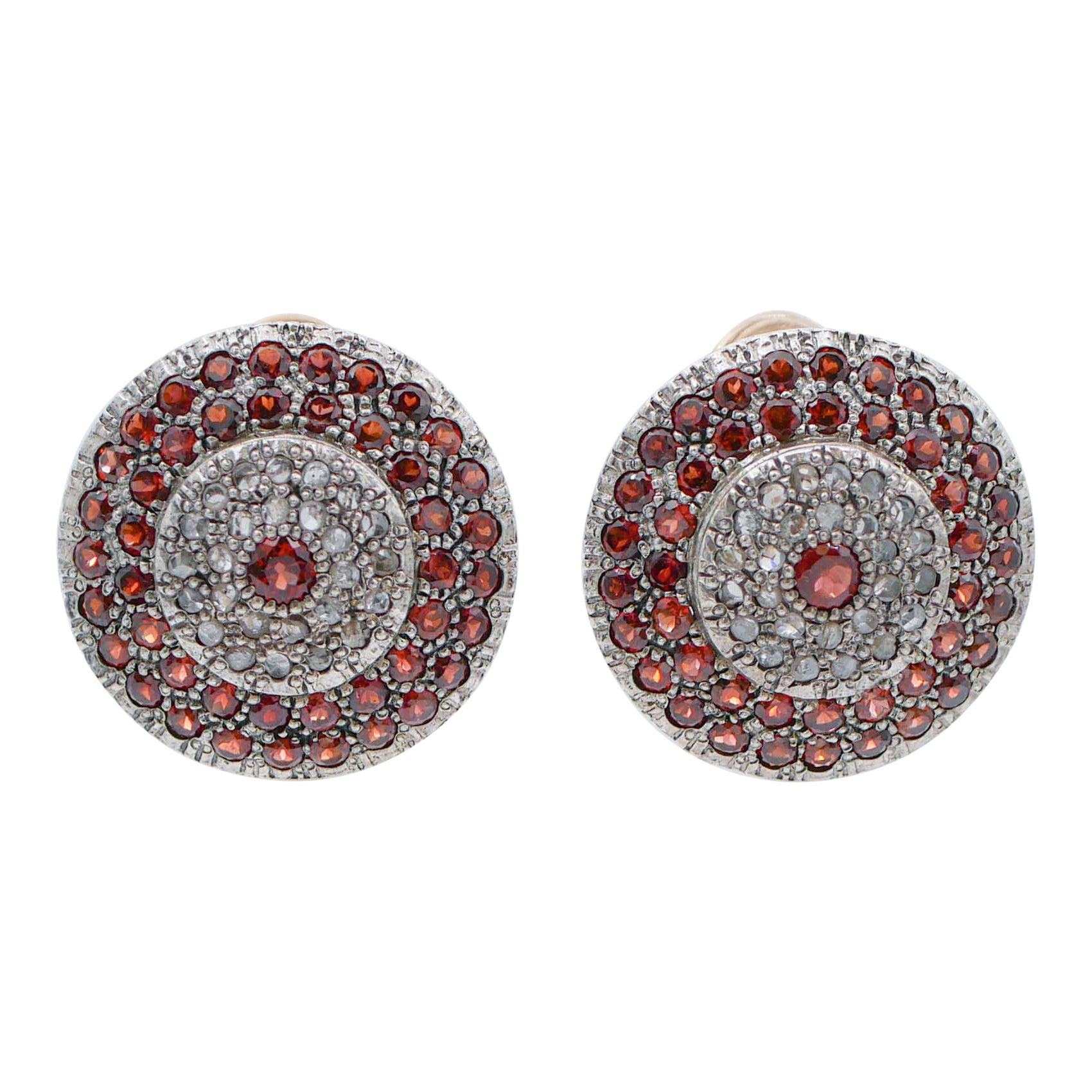 Garnets, Diamonds, Rose Gold and Silver Earrings