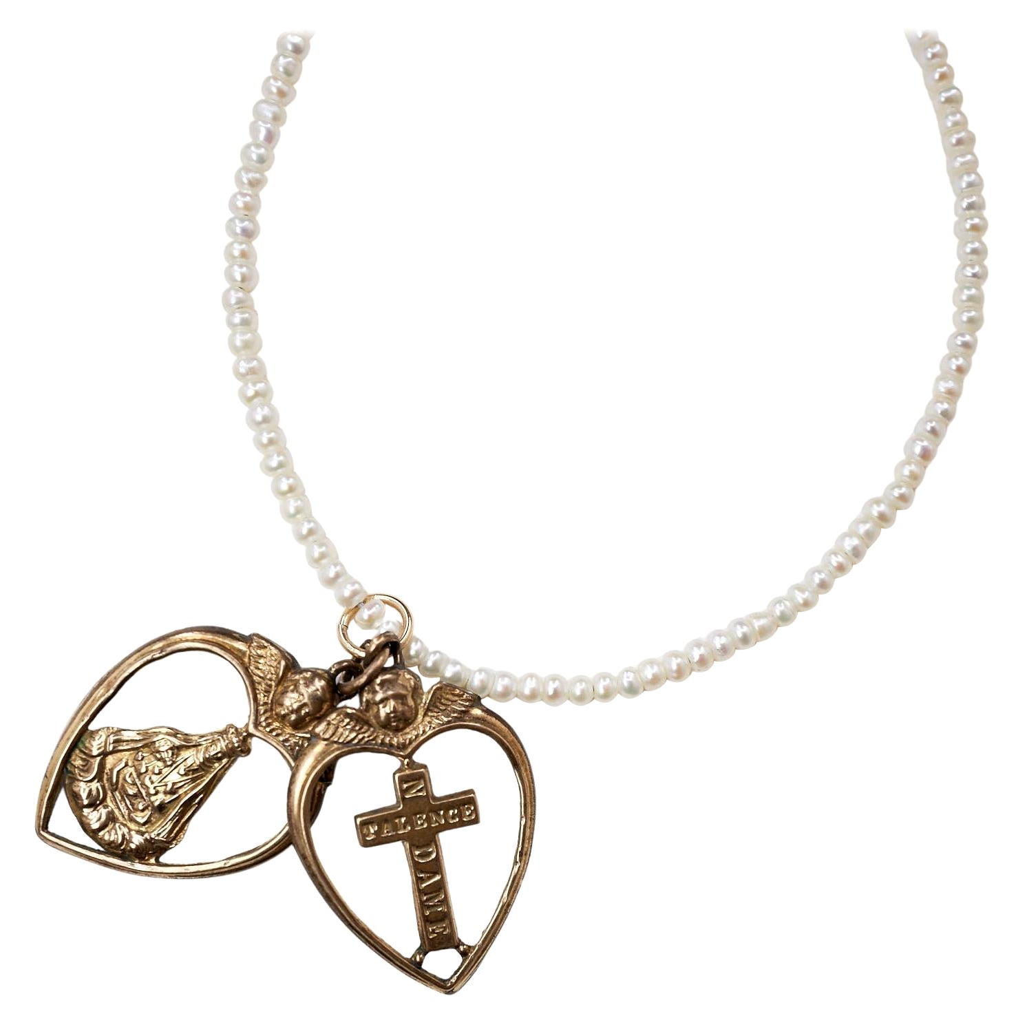 Herz-Engelkreuz Weiß Perle Tansanit Halskette Choker Gold Religiös J Dauphin im Angebot