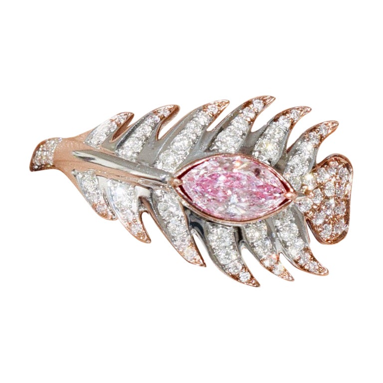 GIA Certified 0.57 Carat Feather Design Pink Diamond Ring Marquise Diamond For Sale