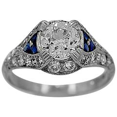 Antique Art Deco .85 Carat Diamond Sapphire Platinum Engagement Ring