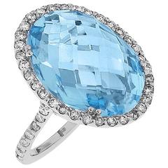 14.50 Carat Blue Topaz Diamond Gold Oval Ring 4