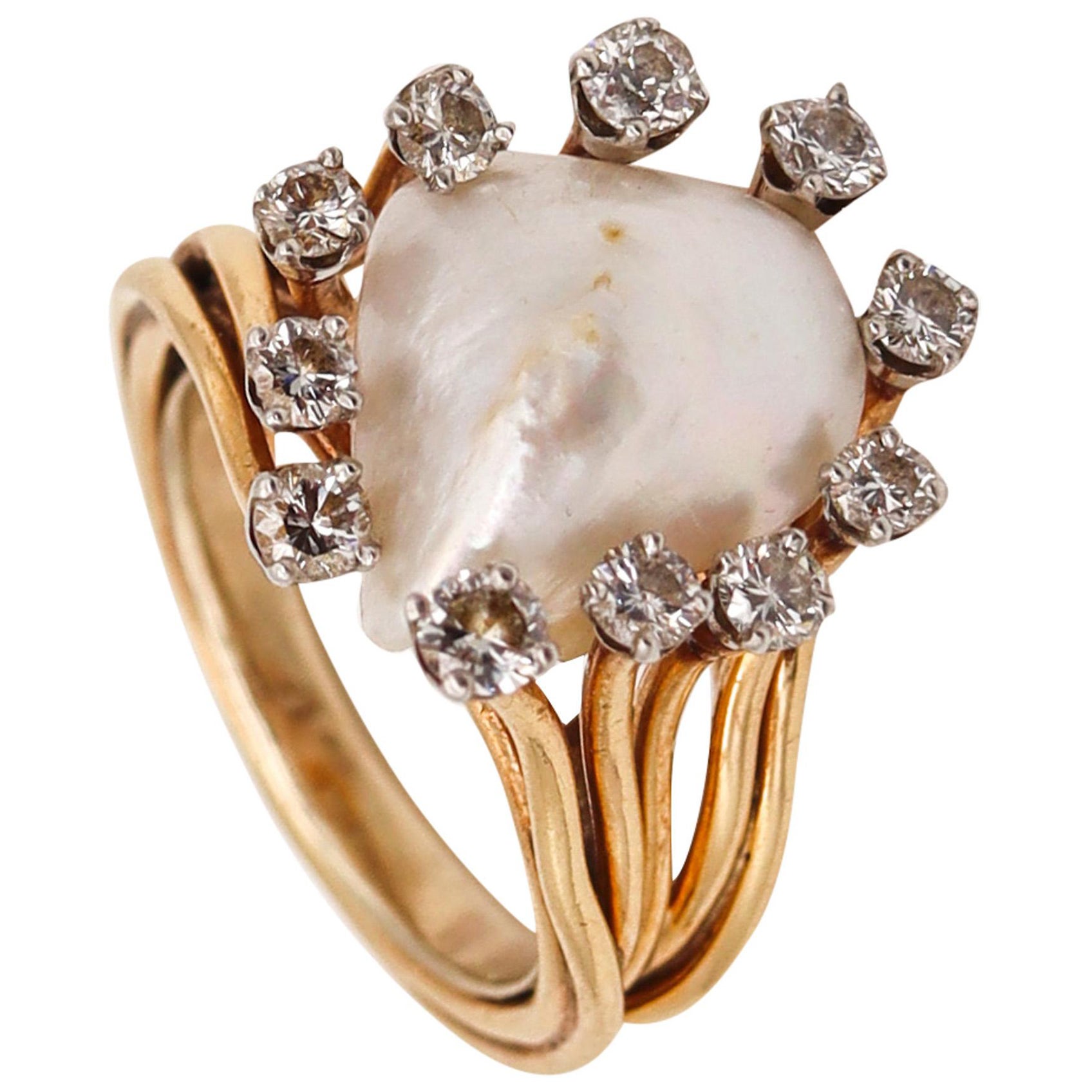 William Ruser 1950 Cocktail Ring 18kt Gold Platinum with Natural Pearl & Diamond For Sale