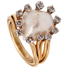 Vintage William Ruser 1950 Cocktail Ring 18kt Gold Platinum with Natural Pearl & Diamond
