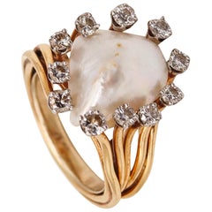 Retro William Ruser 1950 Cocktail Ring 18kt Gold Platinum with Natural Pearl & Diamond