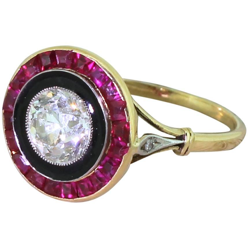 Art Deco 1.06 Carat Old Cut Diamond Black Enamel Ruby Gold Target Ring