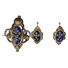 Antique Boucles D’oreilles Et Broche En or 18 Carats, Émail Et Diamants, Napoléon III