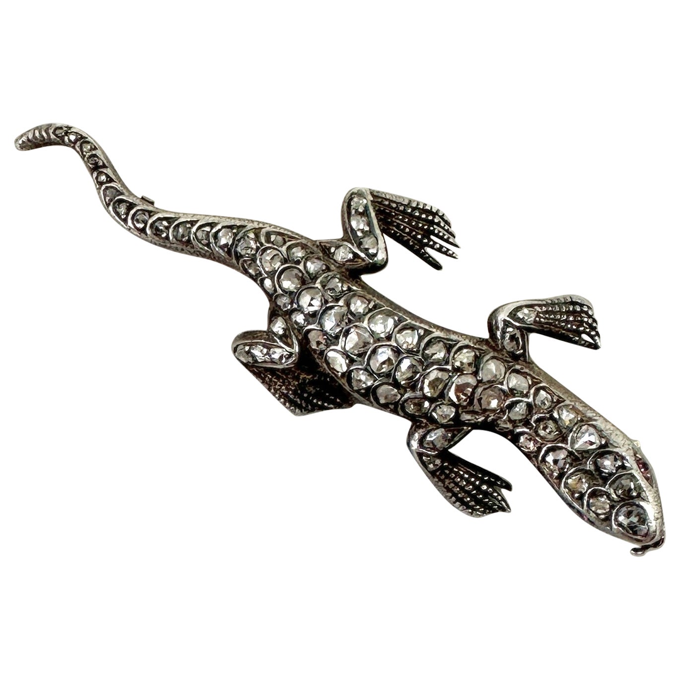 Antique Rose Cut Diamond Lizard Salamander Chameleon Brooch Pin Victorian