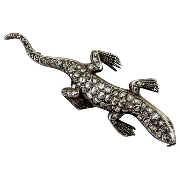 Diamond Lizard Antique Rose Cut Diamond Lizard Salamander Chameleon Brooch Pin ...