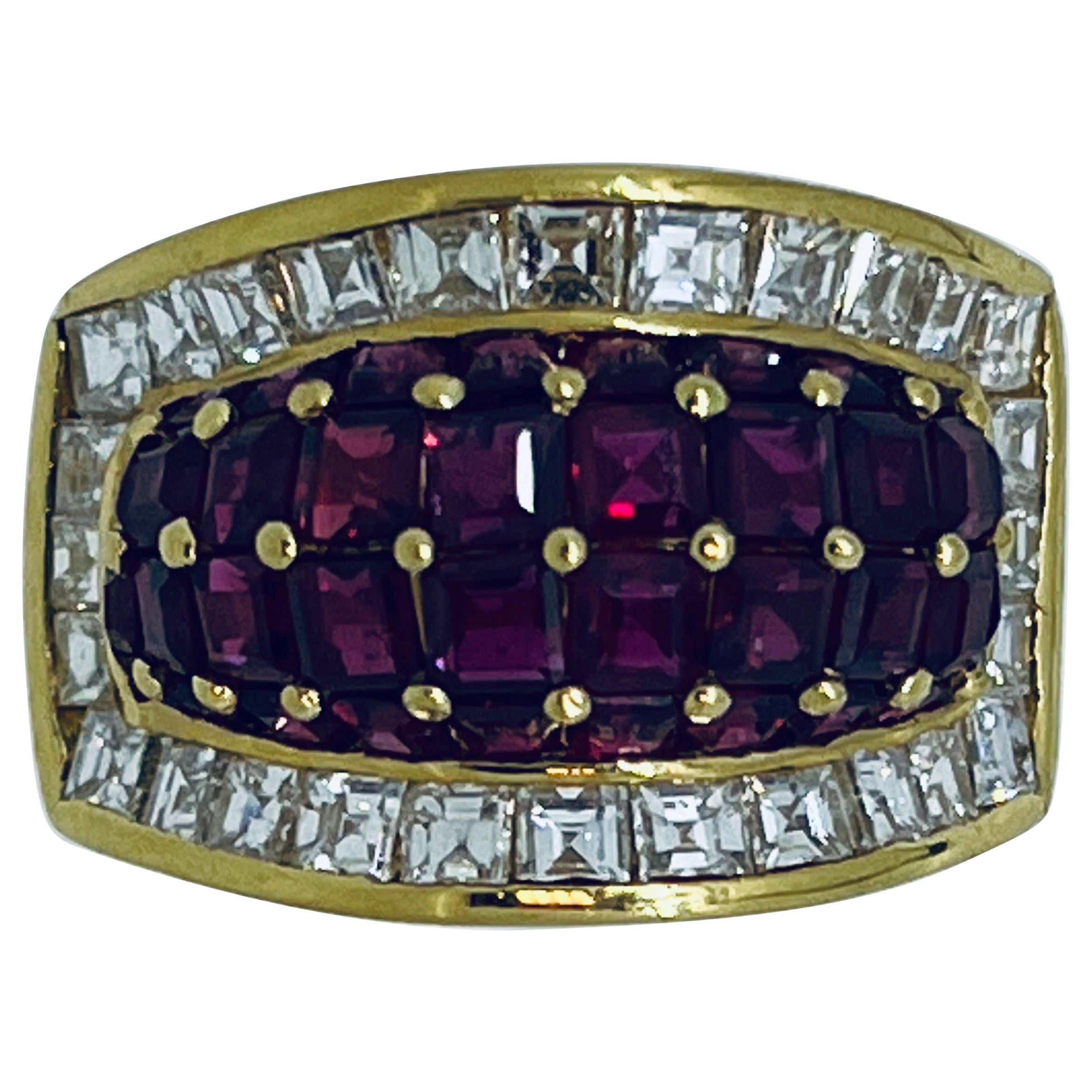 Stamped 18ct Gold, 1.40ct Diamonds and 5ct Ruby Italian Vintage Ring For Sale
