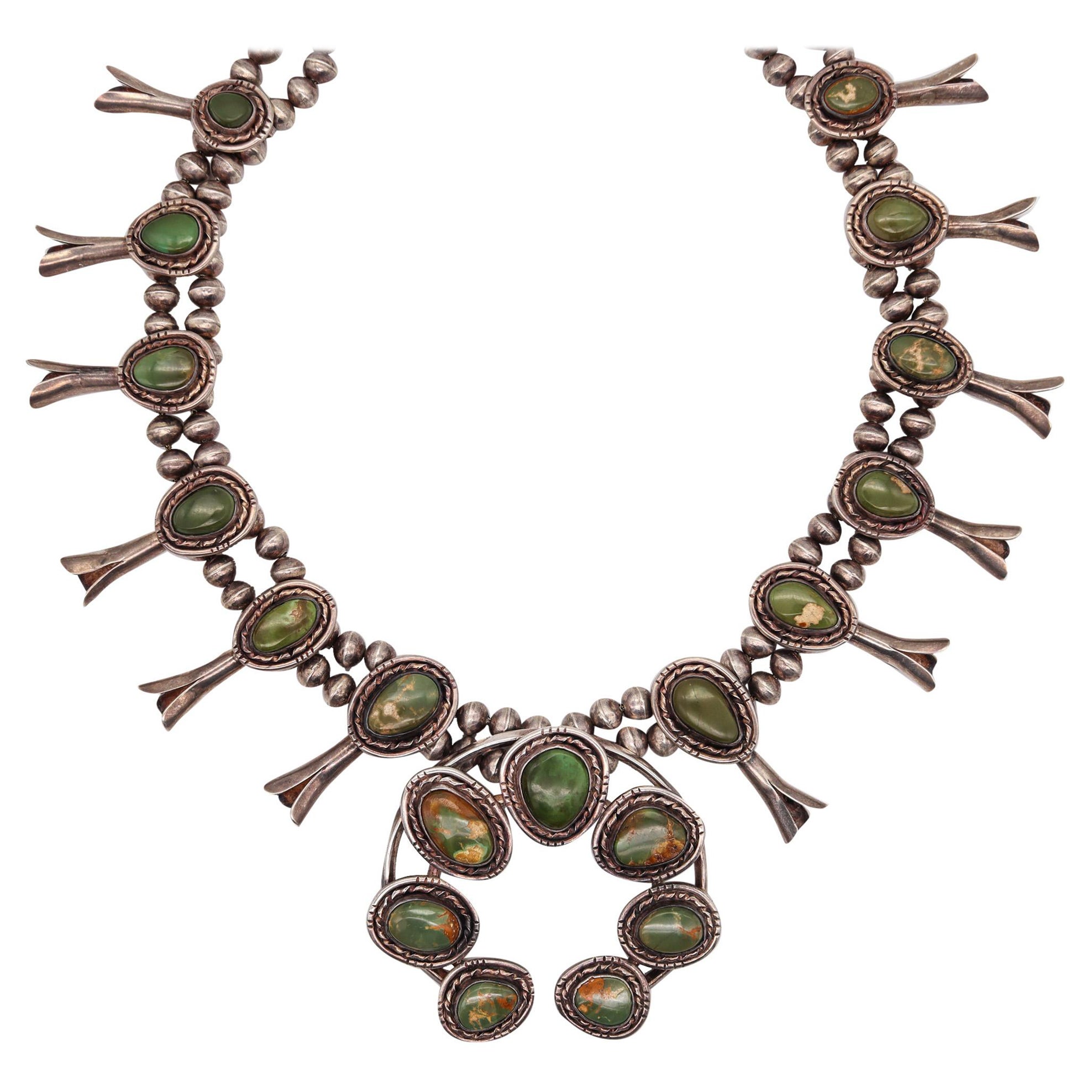 Native American Navajo 1950 Squash Blossom Necklace Sterling and Green Turquoise For Sale