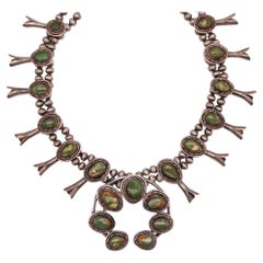 Native American Navajo 1950 Squash Blossom Necklace Sterling and Green Turquoise