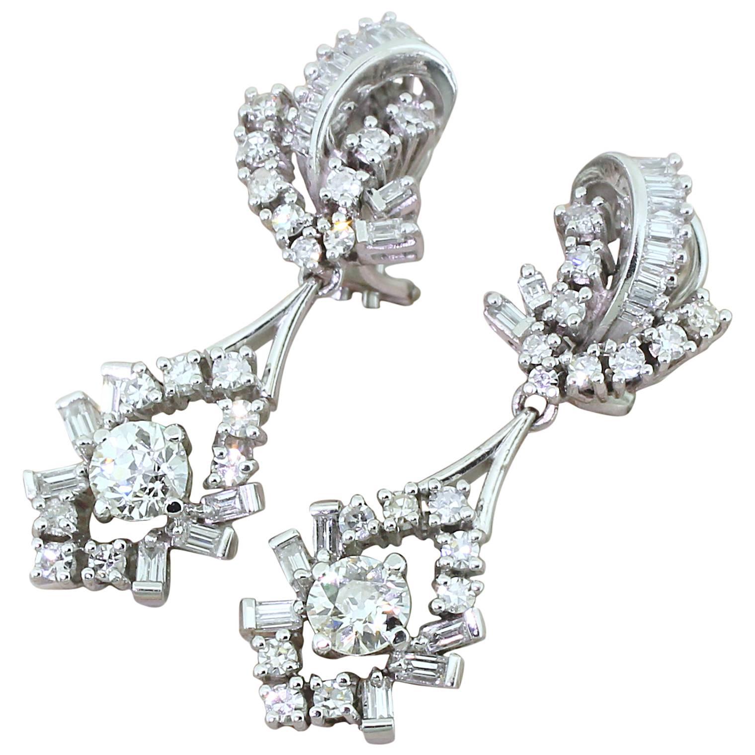 1950s Retro Old Cut and Baguette Cut Diamonds Gold Drop Earrings For Sale