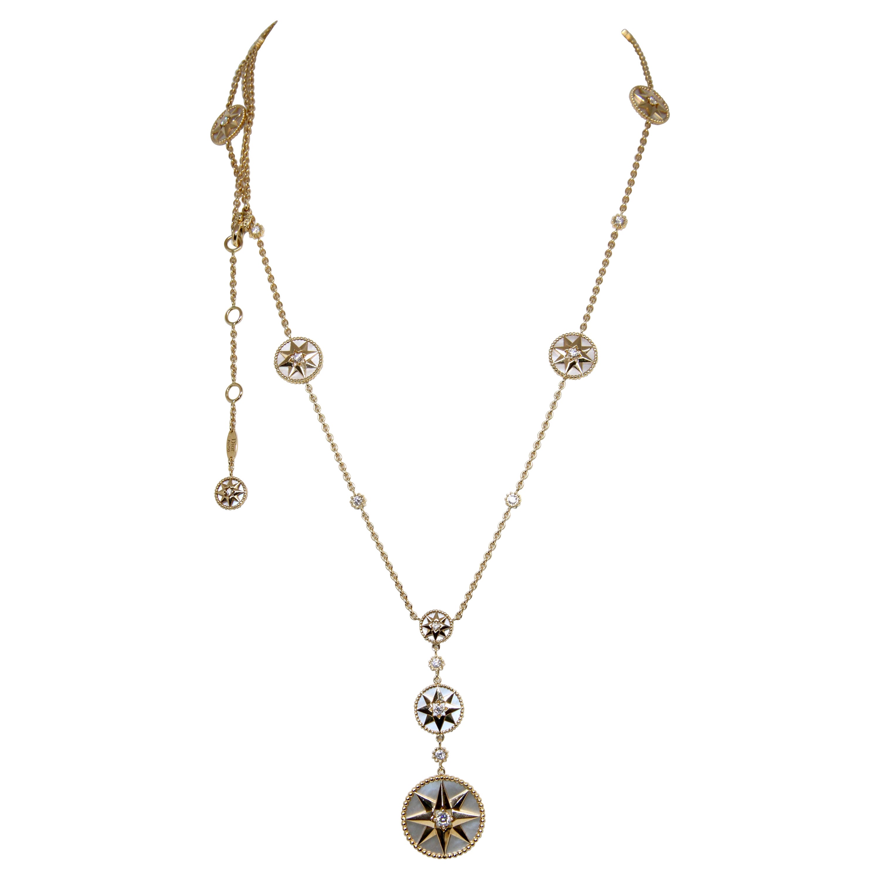 Lange Dior Rose Des Vents Diamant-Perlmutt-Halskette aus 18 Karat Gelbgold