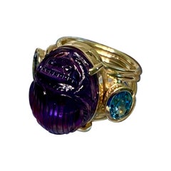 Amethyst Carved Scarab Burmese Zircon 18k Gold Cocktail Ring