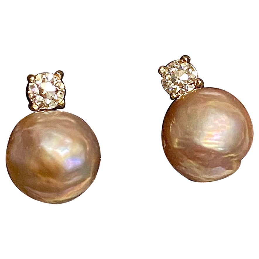Michael Kneebone Pink Kasumi Pearl European Cut Diamond Drop Earrings