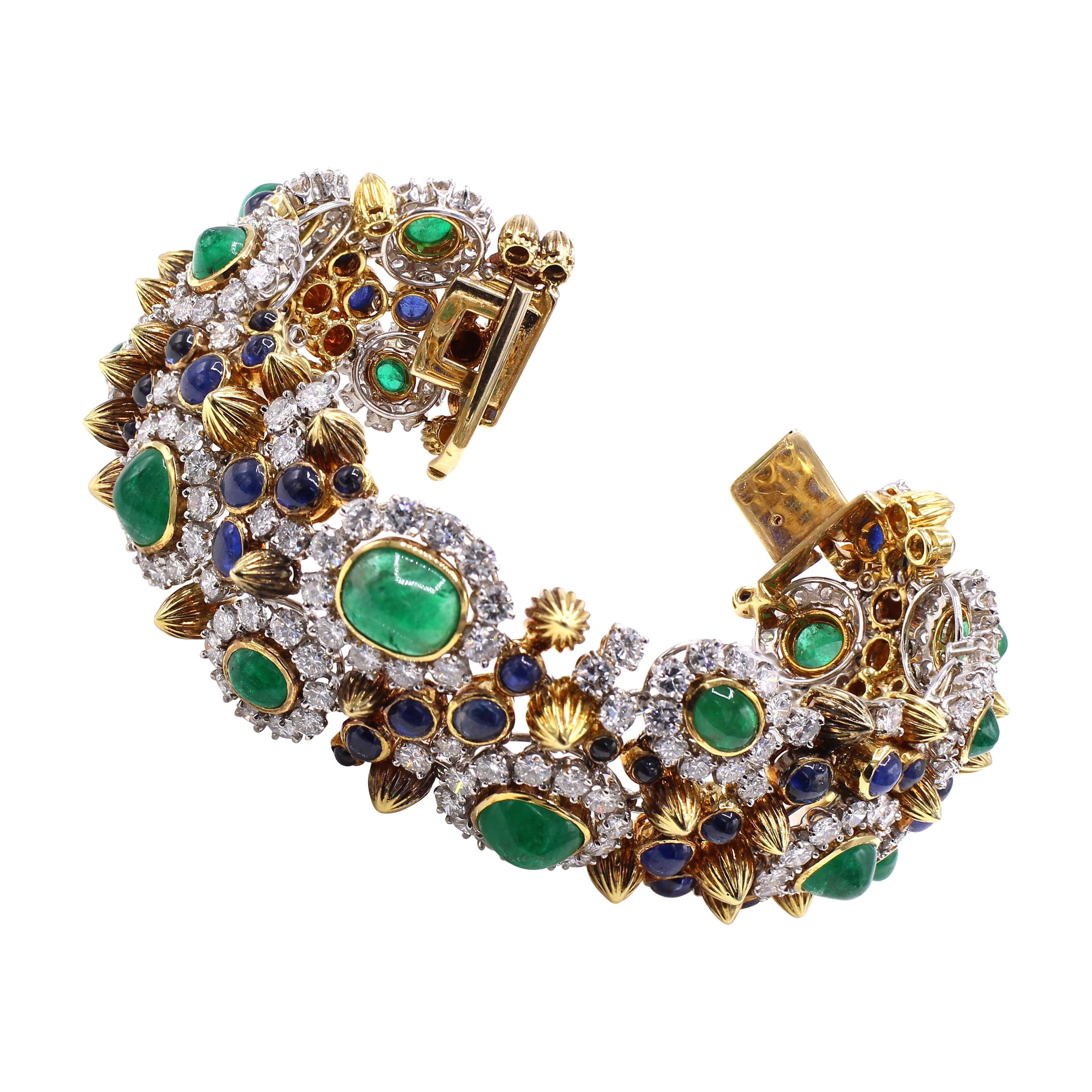 1960s Diamond Emerald Sapphire 18 Karat Yellow Gold Bracelet For Sale