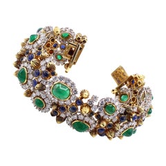 Vintage 1960s Diamond Emerald Sapphire 18 Karat Yellow Gold Bracelet