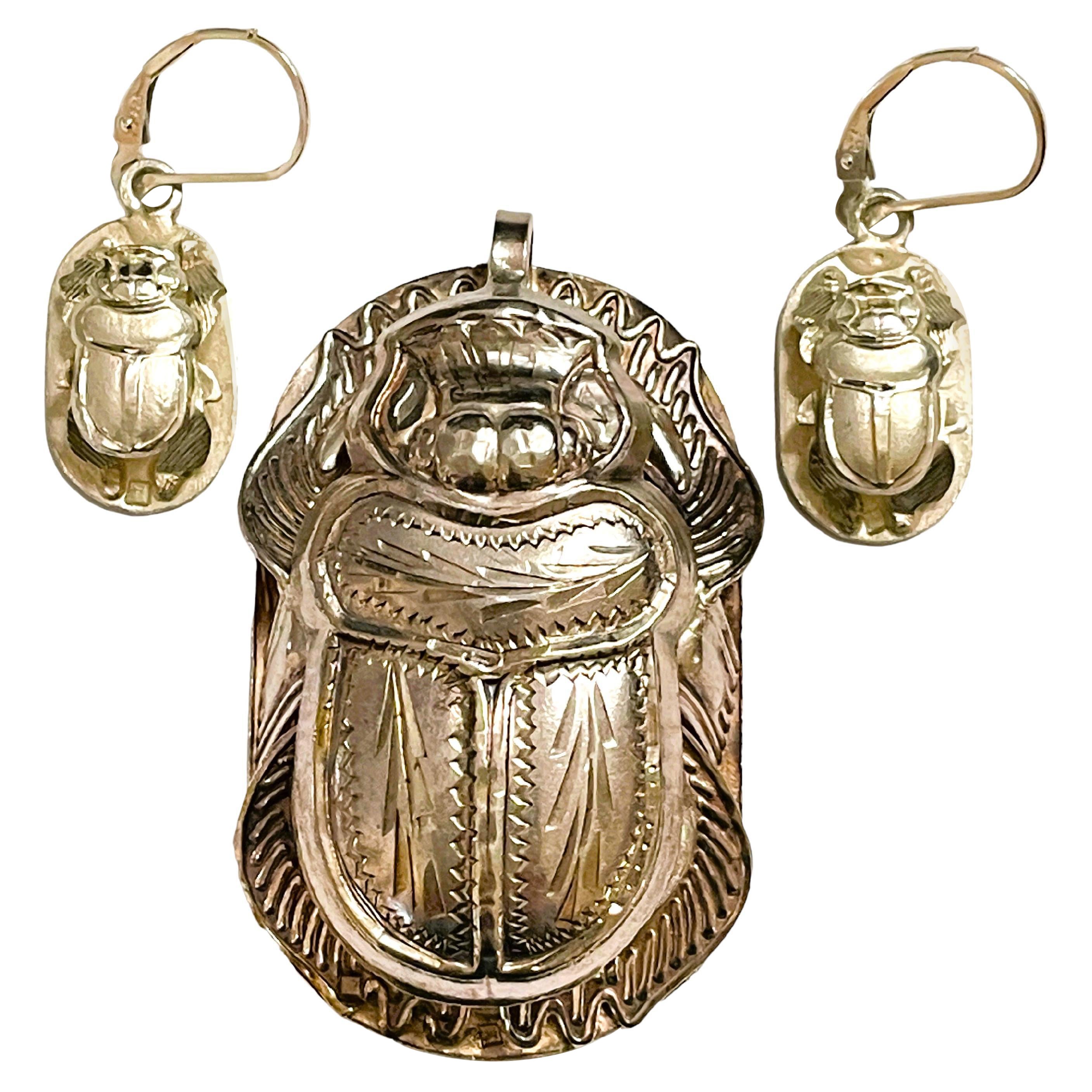 Vintage Sterling Egyptian Cartouche Hieroglyphics Scarab Necklace & Earrings