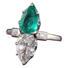Antique Art Deco Platinum French Pear Diamond Emerald Toi Et Moi Engagement Ring