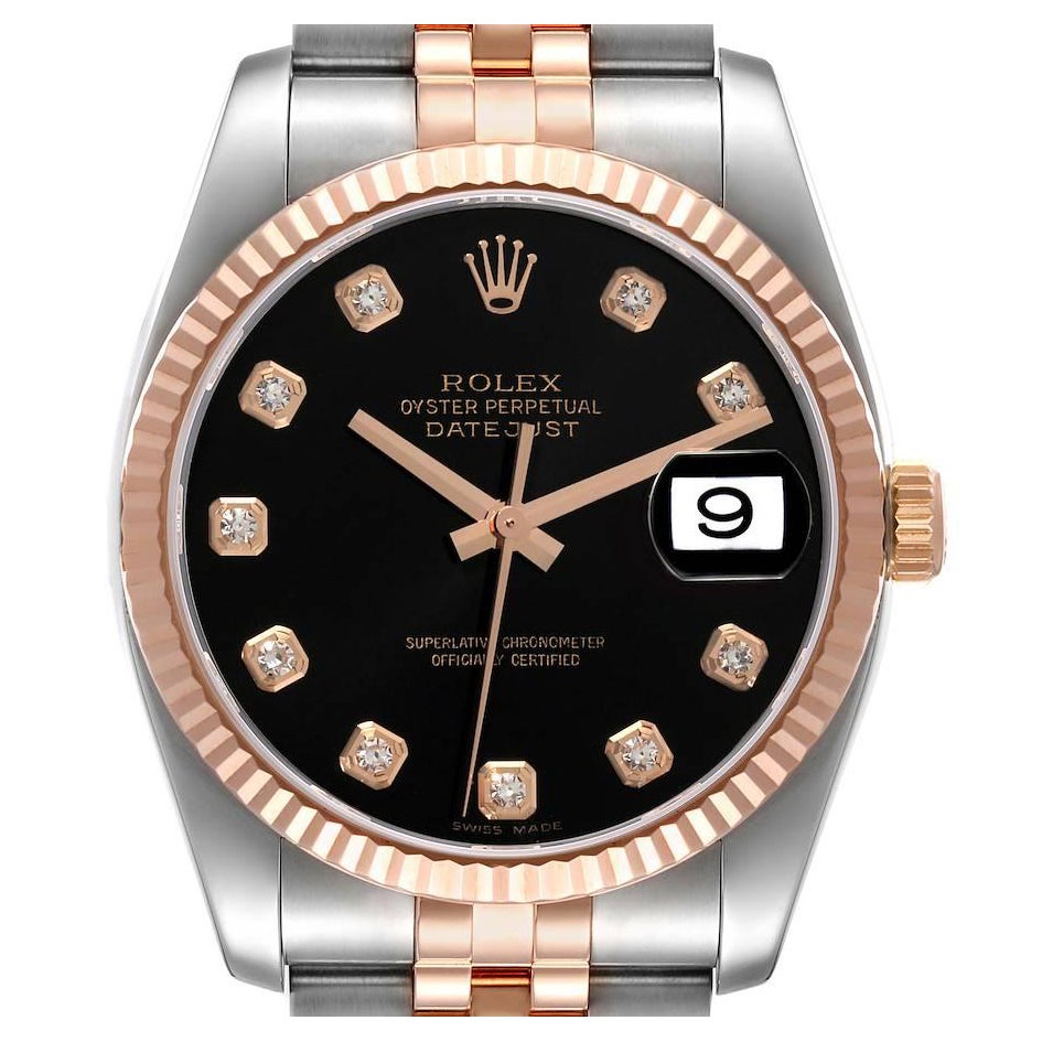 Rolex Datejust Steel Rose Gold Black Diamond Dial Mens Watch 116231