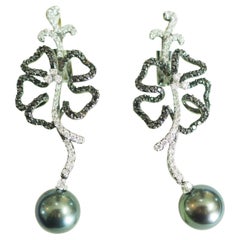 18k Black Rhodium Gold Tahiti Pearl and Diamond Flowery Dangle Earrings
