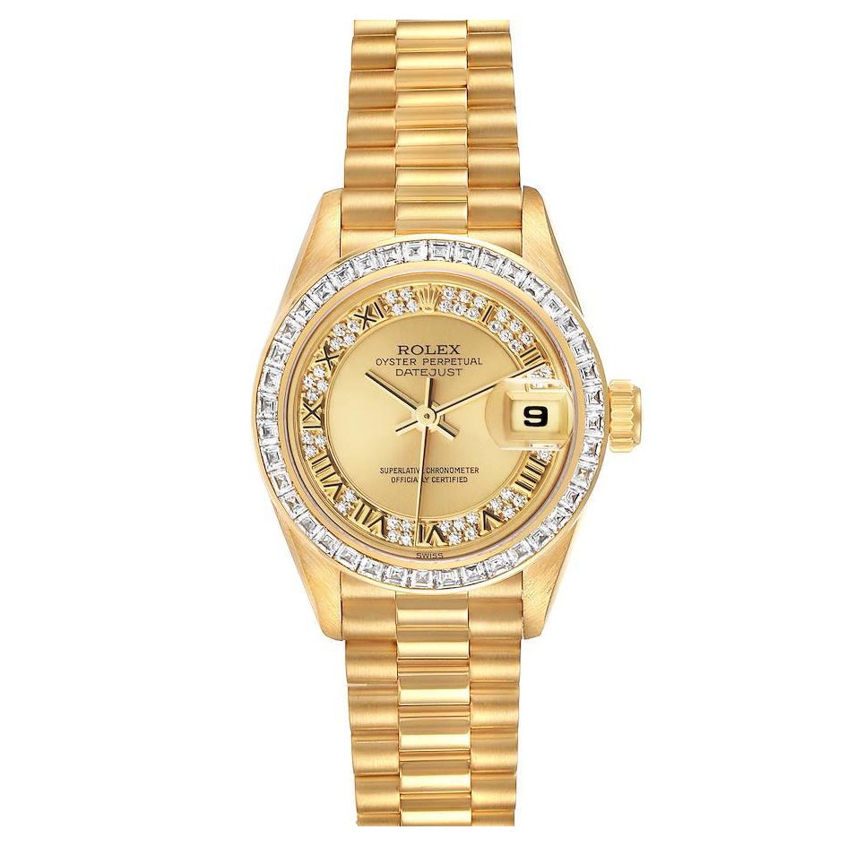 Rolex Datejust President Yellow Gold Diamond Bezel Myriad Dial Watch 69128