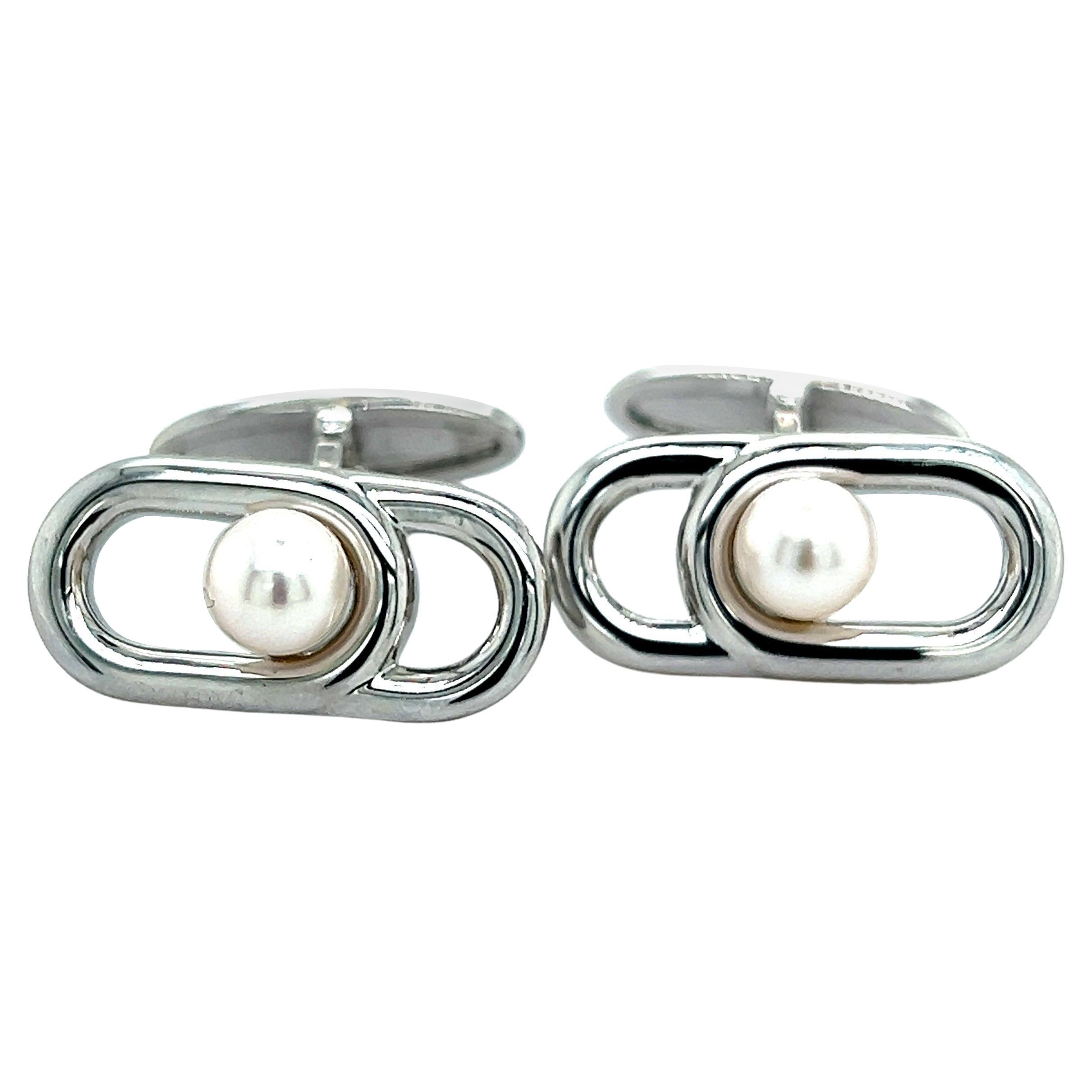 Mikimoto Estate Akoya Pearl Mens Cufflinks Sterling Silver  For Sale